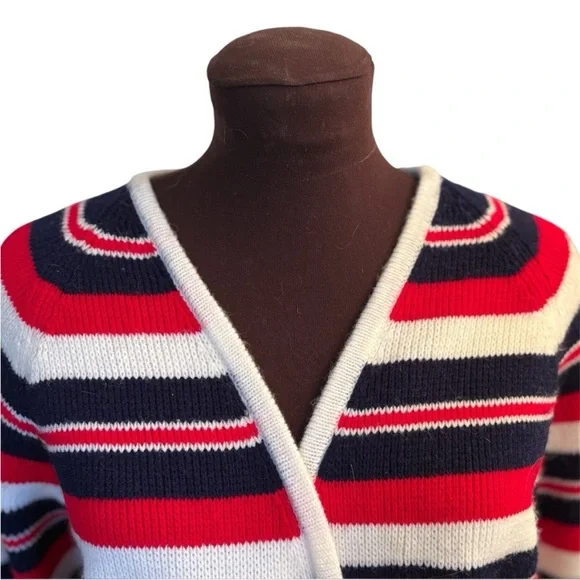 Vintage 1960s Multi Color Stripe Ribbed Double Knit Cardigan Sweater size Large - Picture 4 of 12